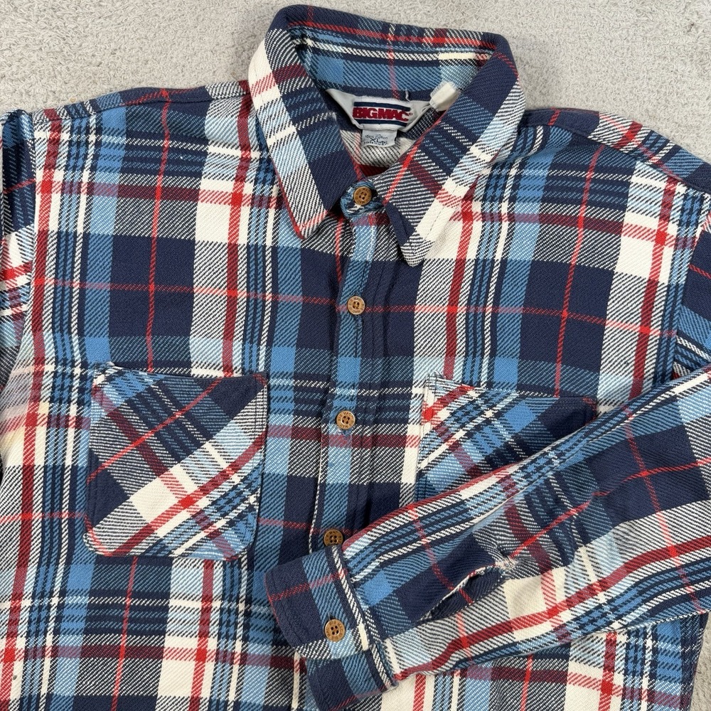 Vintage Big Mac Flannel Shirt Mens XLT Blue Red Plaid Long Sleeve Button Up USA